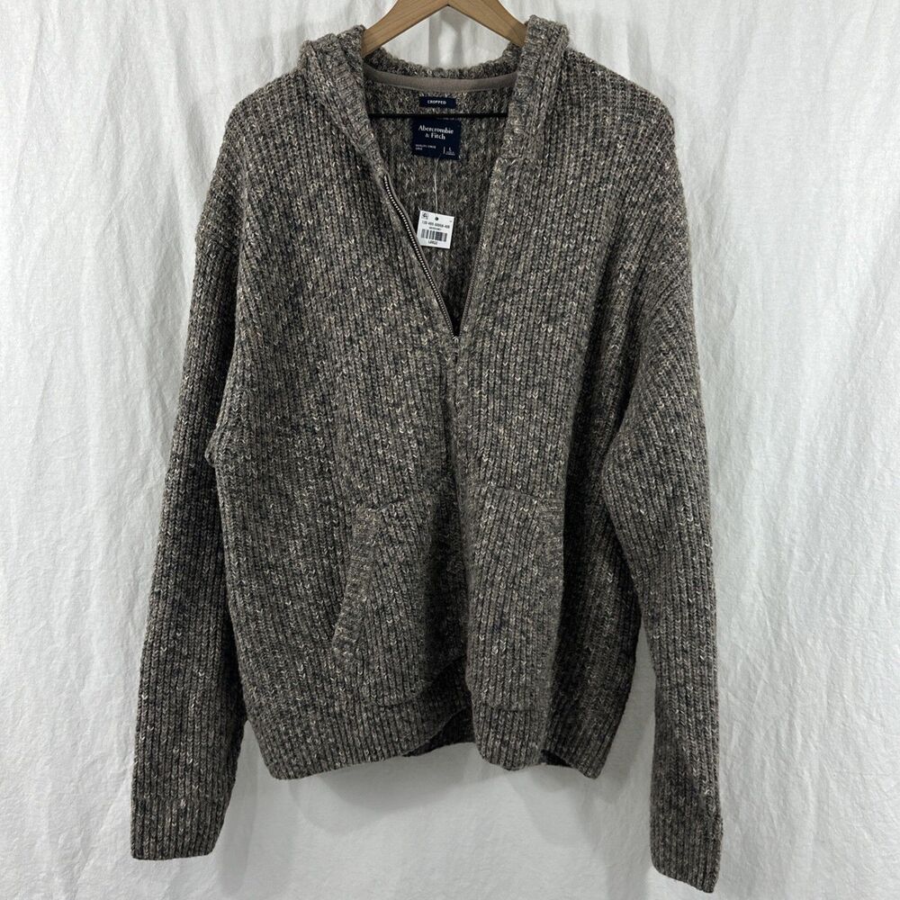 Abercrombie & Fitch Full Zip Hooded Sweater Cropped Length Mens Sz L Brown Knit